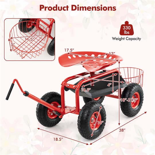 Costway Garden Cart Rolling Work Seat Wagon Scooter for Planting with Extendable Handle